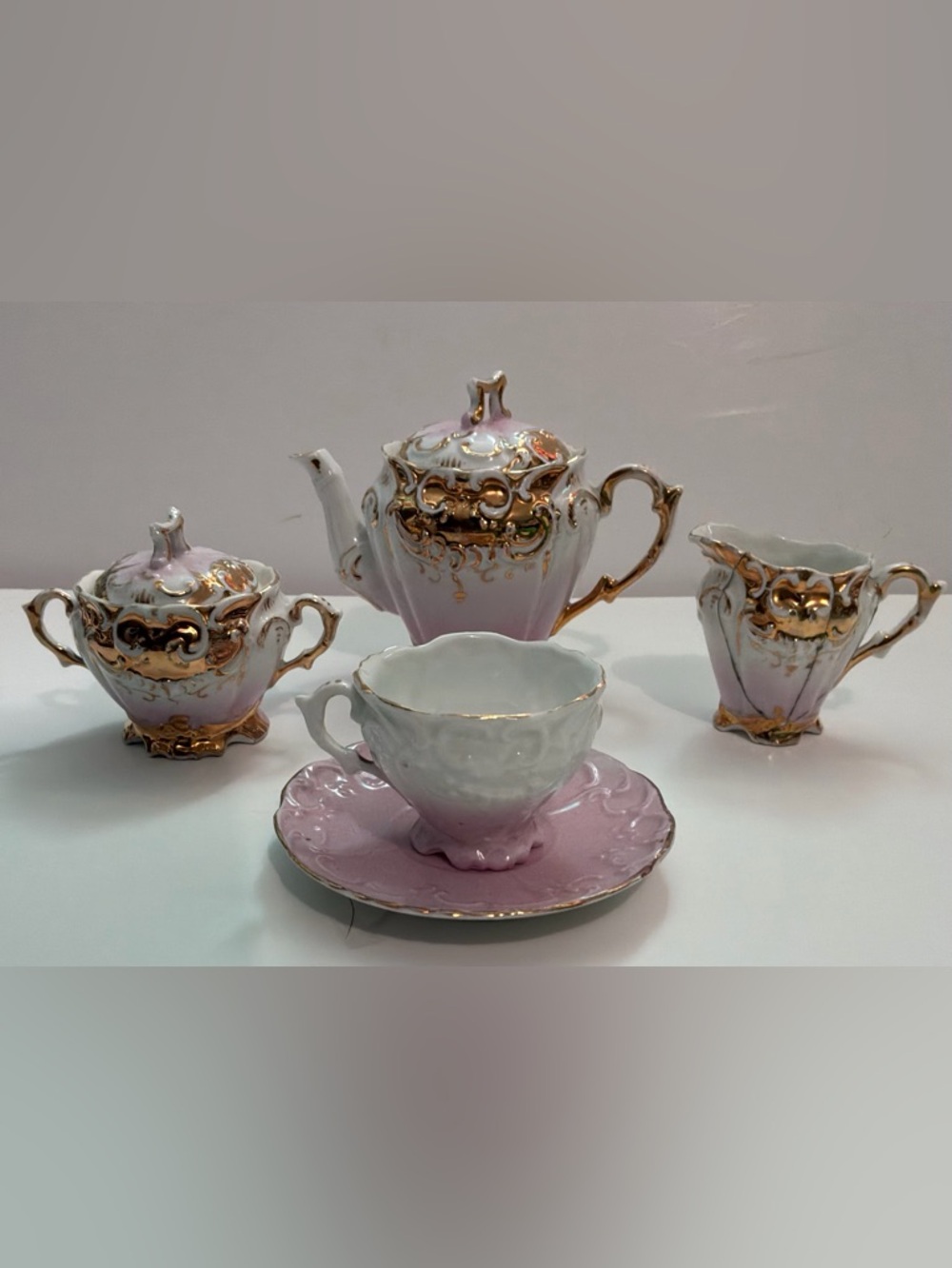 Vtg White Pink Gold Porcelain Tea Set Small Victorian Teapot Sugar Bowl  Creamer
